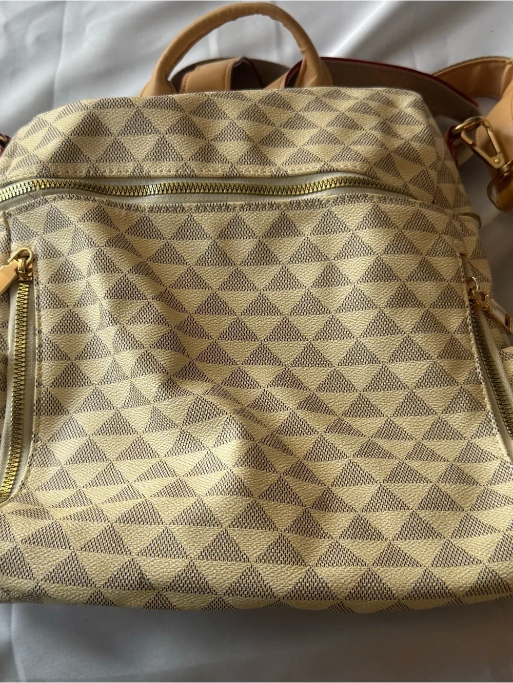 Beige Geometric Pattern Women's Backpack with Tan Accents